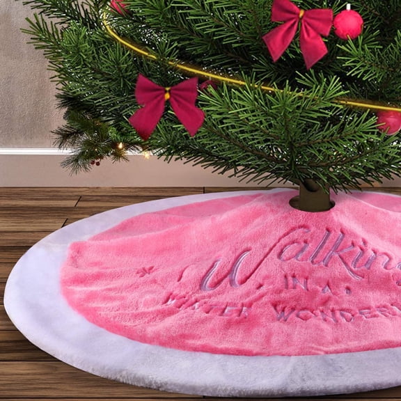 pink Christmas tree skirt, 36 inches (about 91.4 cm) luxury artificial fur, with embroidered snowflakes, suitable for Christmas parties and holiday decorations, washable