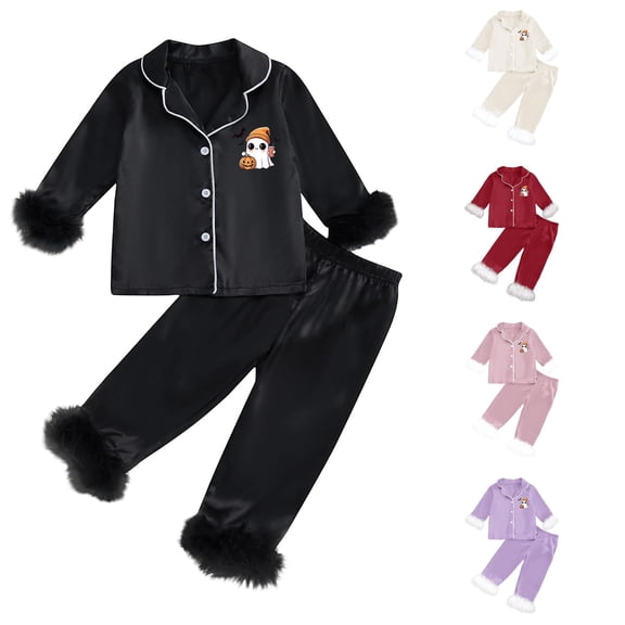 REDARER Cute Ghost Pumpkin Bat Graphic 2 Piece Button Front Kids Long Sleeve Pajama Set Silky Sleep Loungewear for Halloween Fall Home Holiday Outfit,6-7 Years