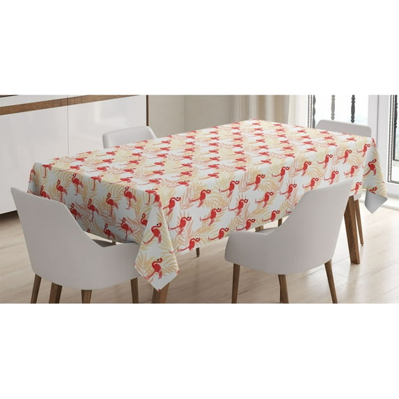 Flamingo Tablecloth, Exotic Birds on Palm Leaves Romantic Tropic Symbol Branches Celebration, Rectangle Satin Table Cover for Dining Room and Kitchen, 52" X 70", Scarlet Peach White, by Ambesonne