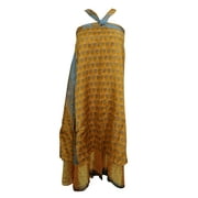 Mogul  Womens Wrap Long Skirt Yellow Printed Silk Sari Beach Reversible Skirts Multi Wear