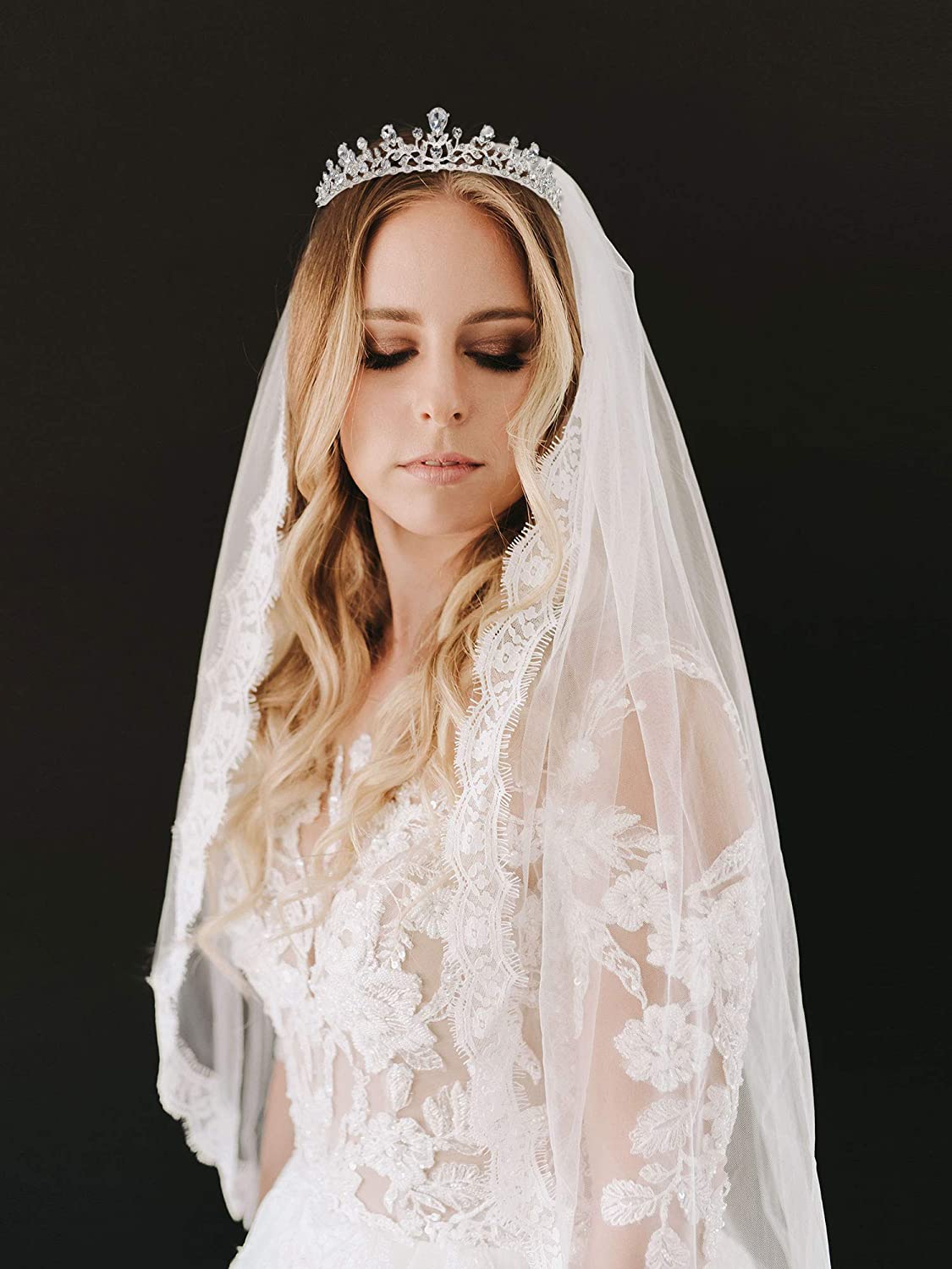 Crystal Wedding Tiara  Bridal Veil Set,Wedding Headband and Lace Fingertip  Veil for Brides