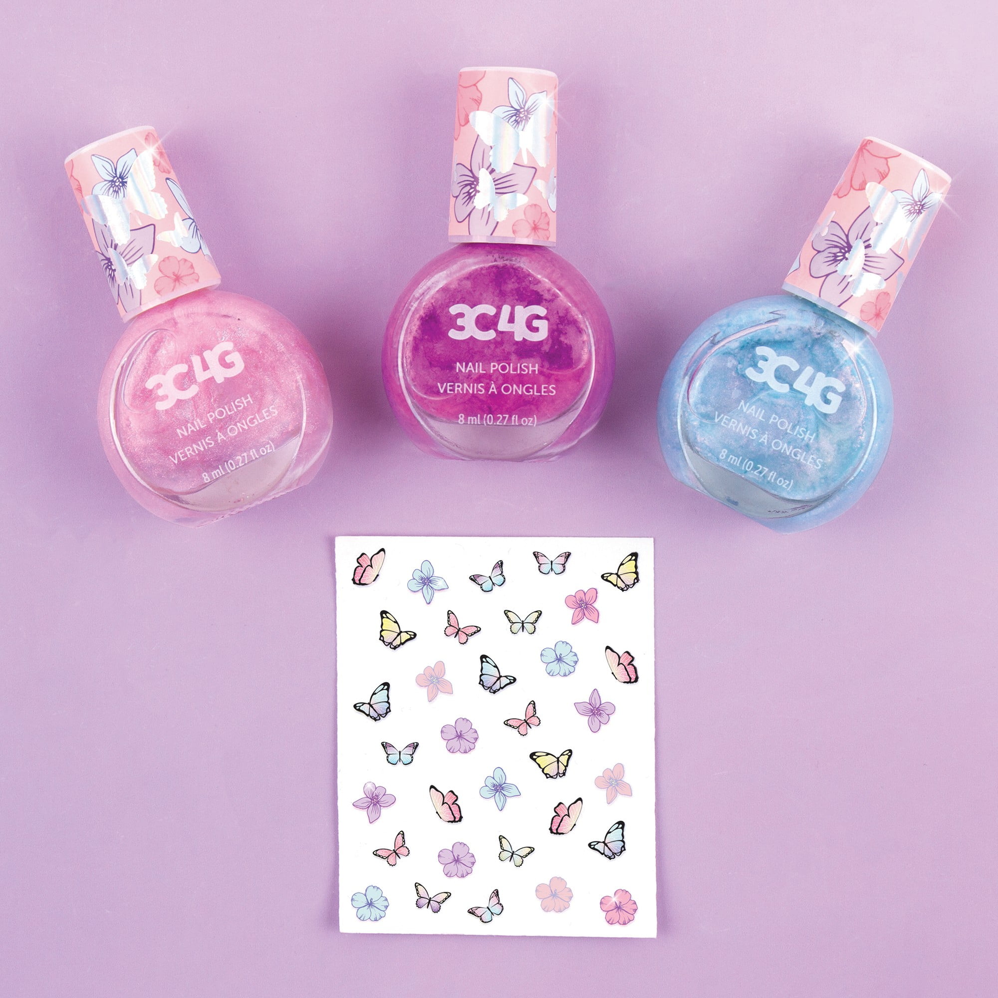 Three Cheers For Girls: Butterfly Nail Polish Trio - 3 Bottles W/ Butterfly Nail Stickers, Tweens & Girls, Non-Toxic Long-Lasting Polish, Soothing Shades, Pinks & Blue, Kids Ages 8+