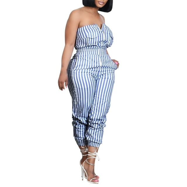 HBFAGFB Combinaison Mode Femme Rayée Épaules Dénudées Combishort Décontracté Sans Bretelles Vêtements Bleu Taille m