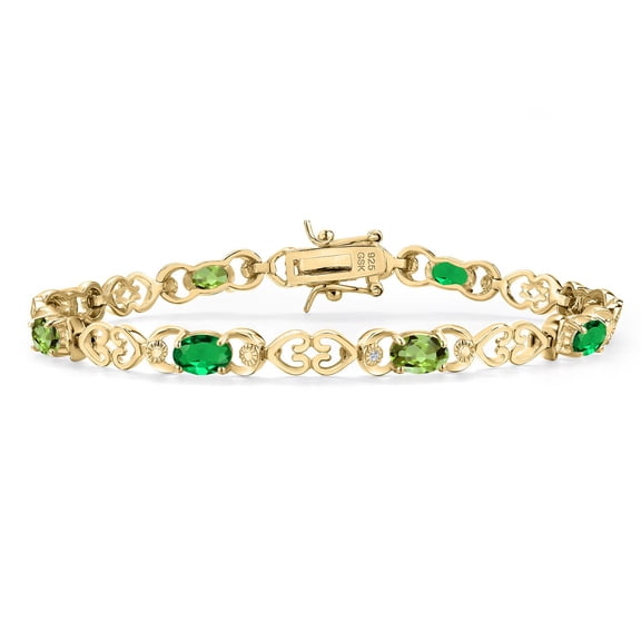 Gem Stone King 18K Yellow Gold Plated Silver Green Nano Emerald and Green Peridot and Lab Grown Diamond Bracelet for Women | 3.61 Cttw | Gemstone May Birthstone | Oval 6X4MM | Length 7.25 inches