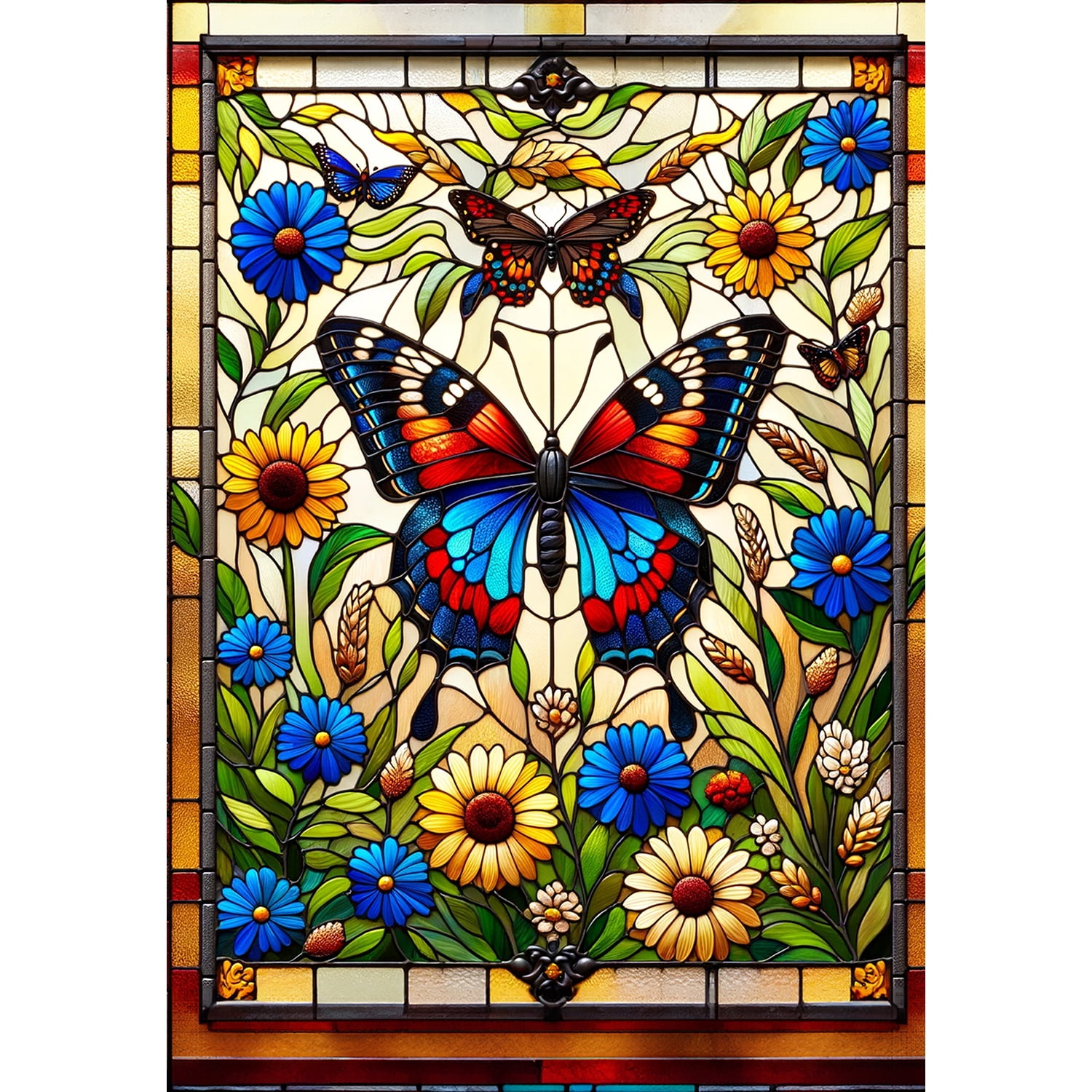 America Forever Stained Glass Butterfly House Flag, 28 x 40 inch Double Sided, Majestic Spring Summer Floral Flower Decorative Seasonal Outdoor Decor, Holiday Outside Decorations Yard Flag
