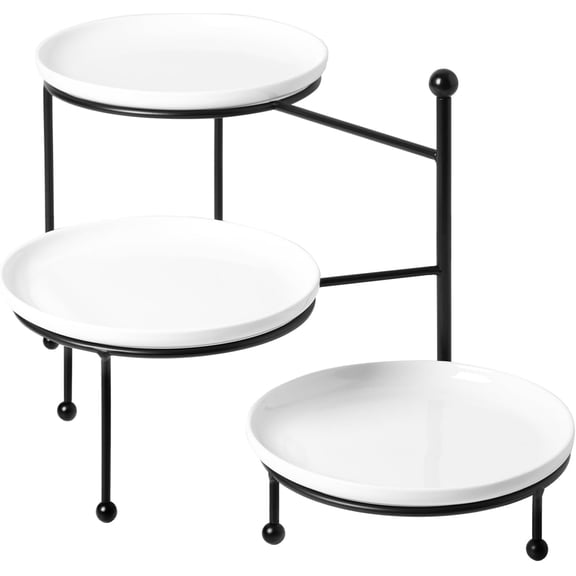 3 Tiered Serving Stand with White Porcelain Plates, Tiered Tray Stand, Dessert Table Display Set, 8" x 8" Tier Serving Trays with Black Metal Stand for Entertaining, 3 Tier Dessert Stand