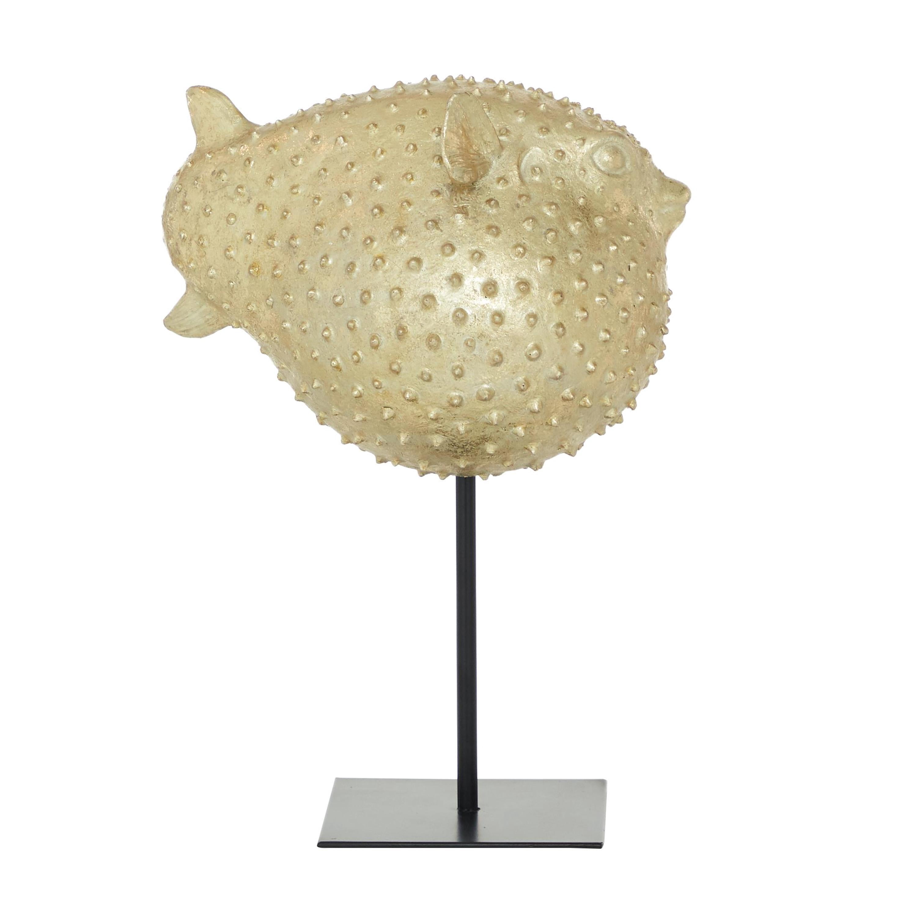 10" x 14" Gold Polyresin Handmade Spiked Blowfish Sculpture with Stand, by DecMode