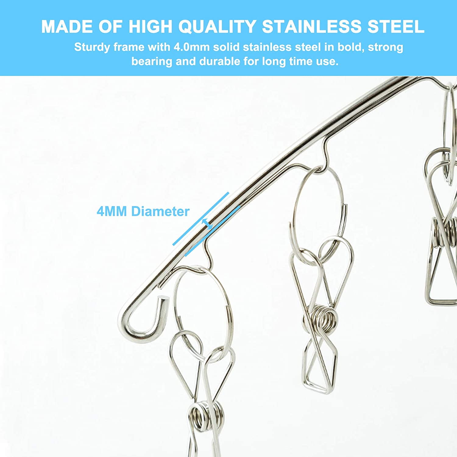 Clothes Hanger with 10 Clips Laundry Drying Rack 6 Pack, Clothes Drying Rack Stainless Steel Sock Hangers Windproof Clip and Drip Hanger for Drying Socks, Bras, Towel, Underwear, Baby Clothes