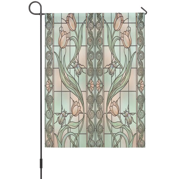 Floral Window Garden Flags For Outdoor, Retro Pink Floral Leaf Beetles Stained Glass Small Double Side Yard Flags Weather Proof Garden Decor for Lawn Outside Holiday 12 x 18 Inches