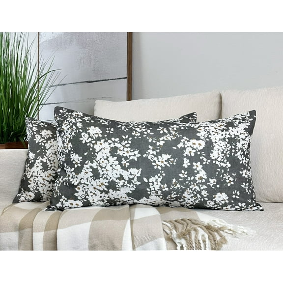 Aiking Set of 2 Printed 14 x 26 inch Decorative Throw Pillow Covers, Blooms Steel Grey