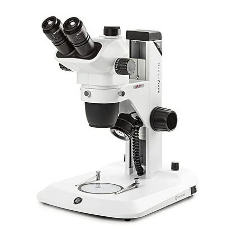 Trinocular Stereo Zoom Microscope NexiusZoom EVO 0.65x to 5.5X Zoom Objective Magnification 6.5X to 55x Rack Pinion Stand Incident and Transmitted 3W LED Illuminations Globe Scientific | Euromex
