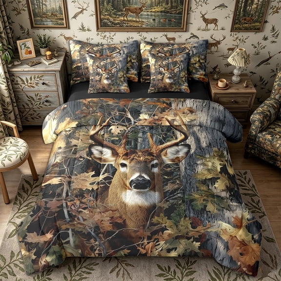 Meiyoeat Jungle Animal Deer Print Queen Bedding 7pcs, Autumn Oak Leaves Pattern Bedding Comforter Set Queen, Brown Green,Black Reversible