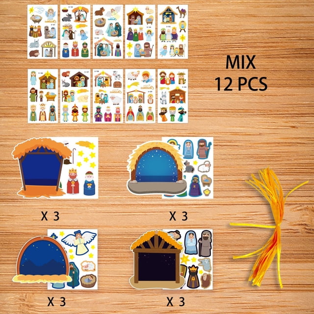 Christmas Tree Card Stickers, Nativity Scene Decor Set, 24 Cards with Stickers and Ribbons, Holiday Gift Kit for Tree Ornaments, Easy Festive Decoration Bundle