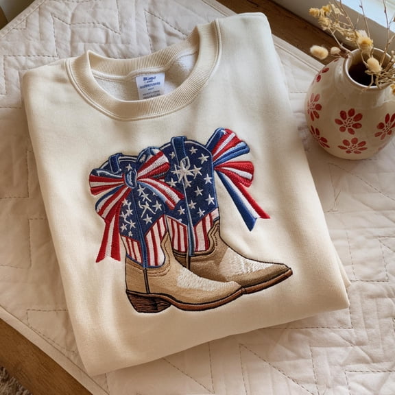Embroidered Cowgirl Boots Sweatshirt: Patriotic Coquette American Flag Bow