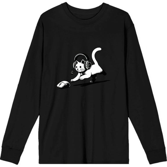 Gaming Cat Chasing Computer Mouse Adult Black Crew Neck Long Sleeve Tee-Medium