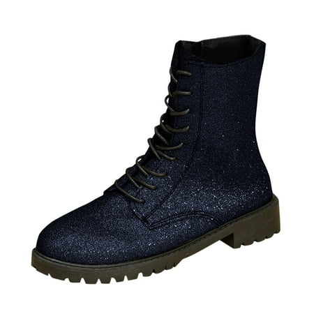 OJSFQUFP Womens Shoes Winter Warm Boots Women s Winter Fashion Round Toe Thick Sole Non Slip Ankle Boots with Thick Heels Lace Up Low Boots Women Booties Blue 40