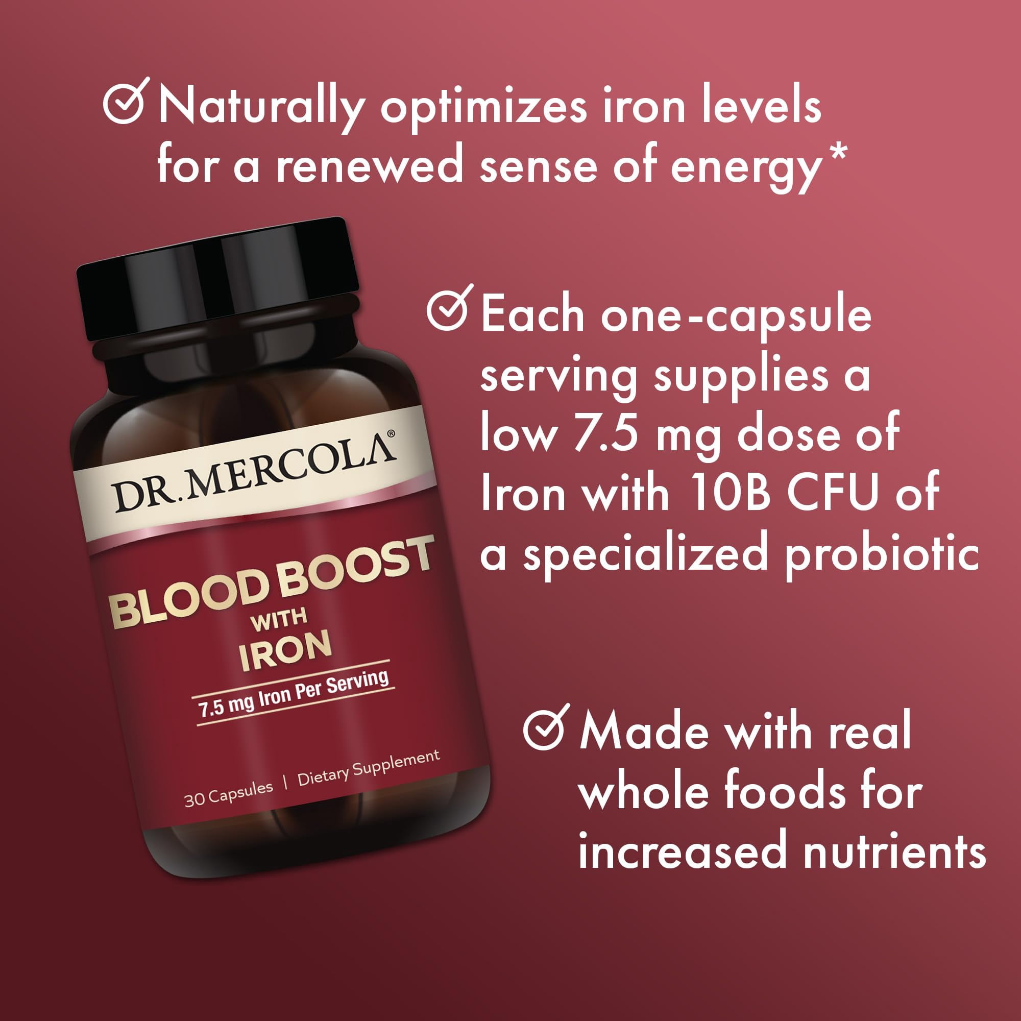 Dr. Mercola Blood Boost with Iron, 30 Capsules 7.5 mg Iron, Non-GMO, Gluten Free, Soy Free