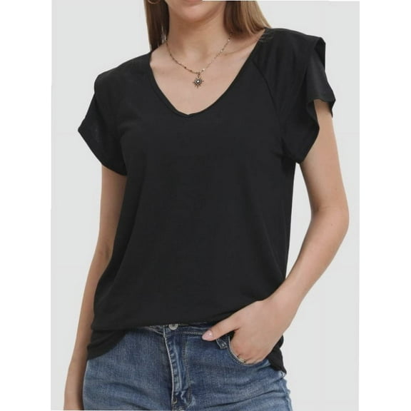 Womens Summer Tops Ruffle Short Sleeve V Neck T-Shirts Casual Loose Fit