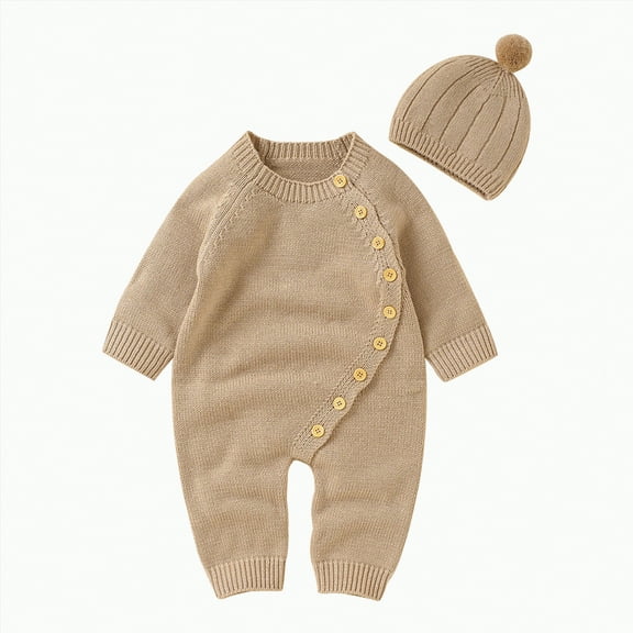 Gvdentm Boys Girls Knit Sweater Romper Baby Toddlers Long Sleeve Hooded Button Up Winter Outfits(Khaki,3-6 Months)