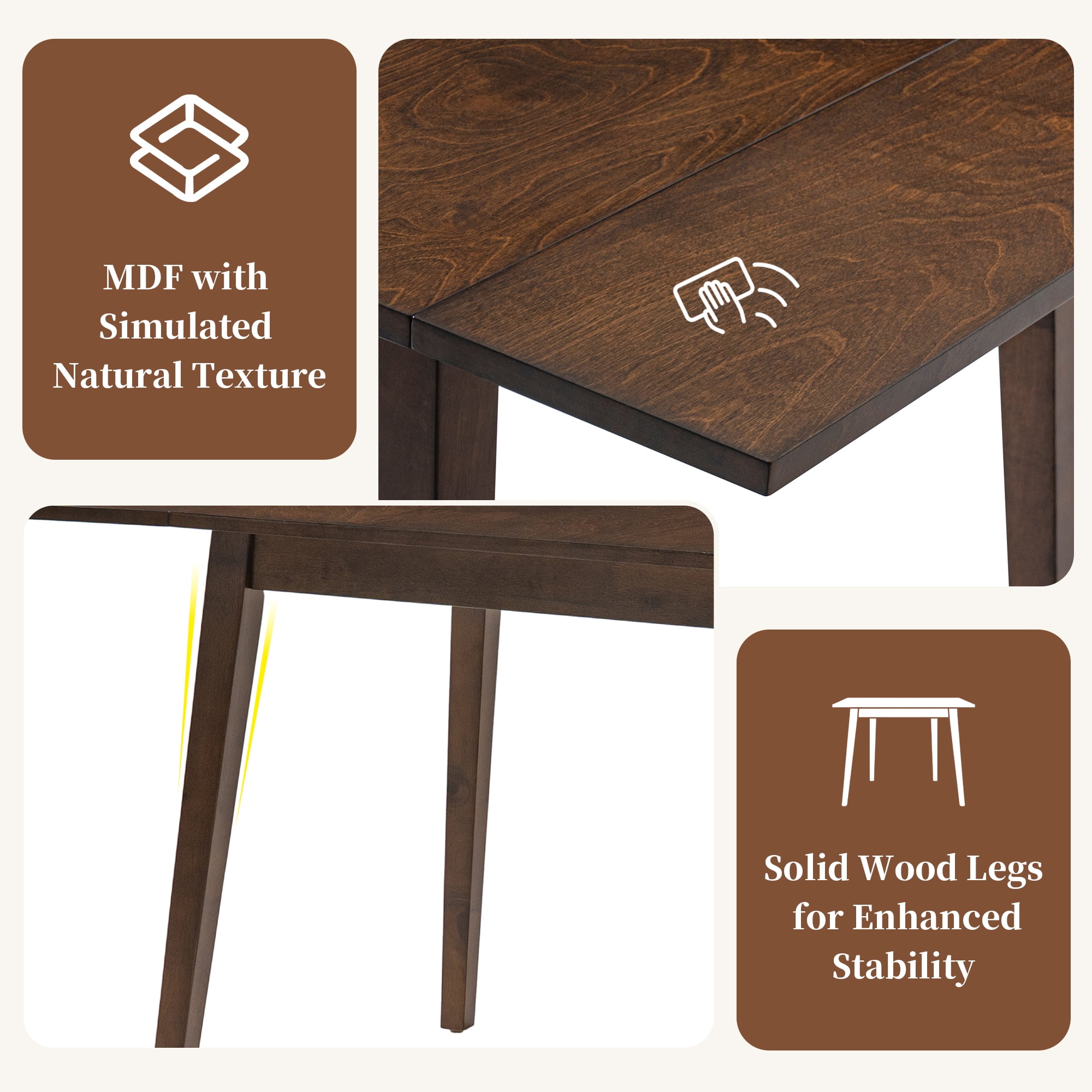Euroco 5-Piece Dining Table Set for 4, 45.67" Extendable Kitchen Table Set with Drop Leaf and 4 Upholstered Chairs,Dining Room Set for Small Space,Brown