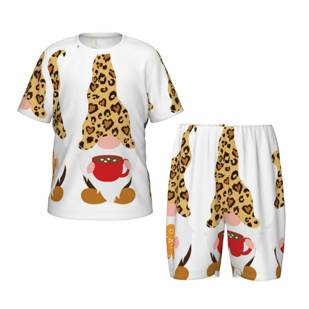 Balery Christmas Gnomes In Leopard Conjunto de Pijama Infantil de Manga Corta con Estampado – Ropa de Dormir de Algodón Suave-Small