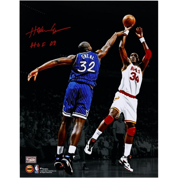 Hakeem Olajuwon Houston Rockets Autographed 11" x 14" Jump Shot Over Shaquille O'Neal Spotlight Photograph with "HOF 08" Inscription - Fanatics Authentic Certified
