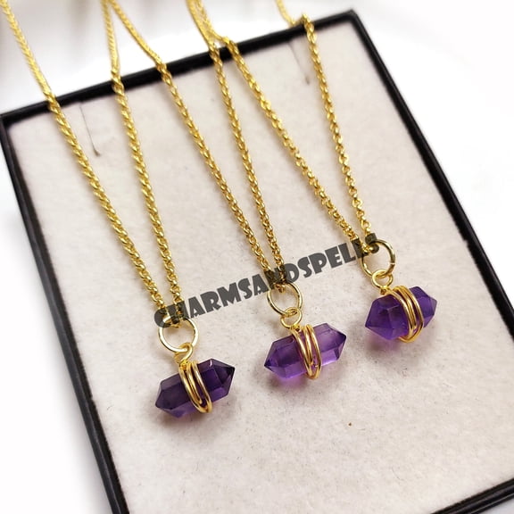 Amethyst Pencil Necklace, 14K Gold Plated Necklace, Handmade Double Terminated Necklace, Layering Necklace, February Birthstone Necklace