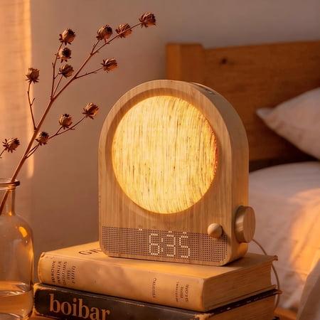 Wood Grain Sunrise Alarm Clock with Wake Up Light, Dimmable Ambient Night Lamp, Digital Alarm Clock for Bedroom, Sunrise Mood Light, Gift for Home Decor