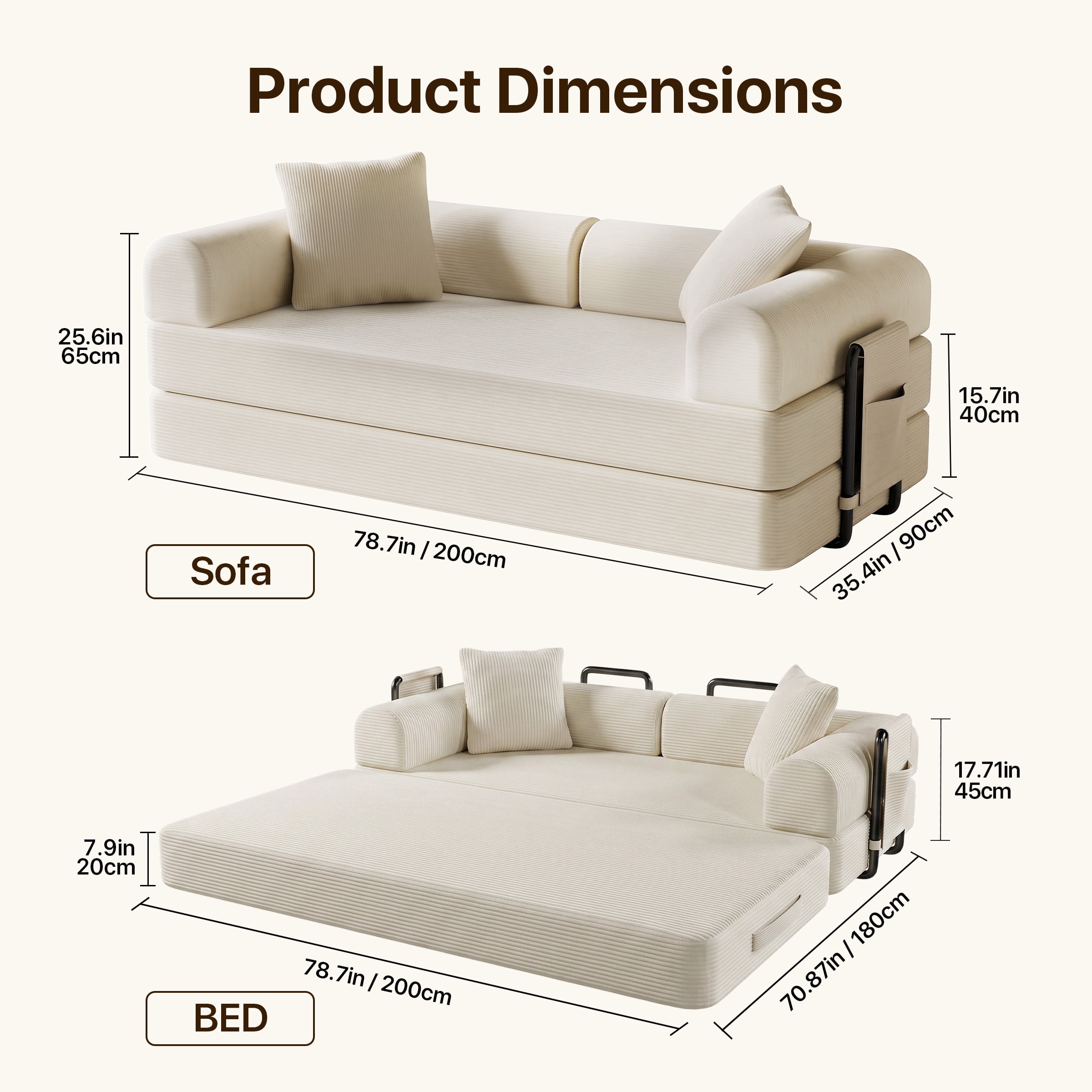 CATGOOD 78" Convertible Sofa Bed with Storage Bag, Sectional Couch for Living Room, Sleeper Loveseat Free Assembly, White