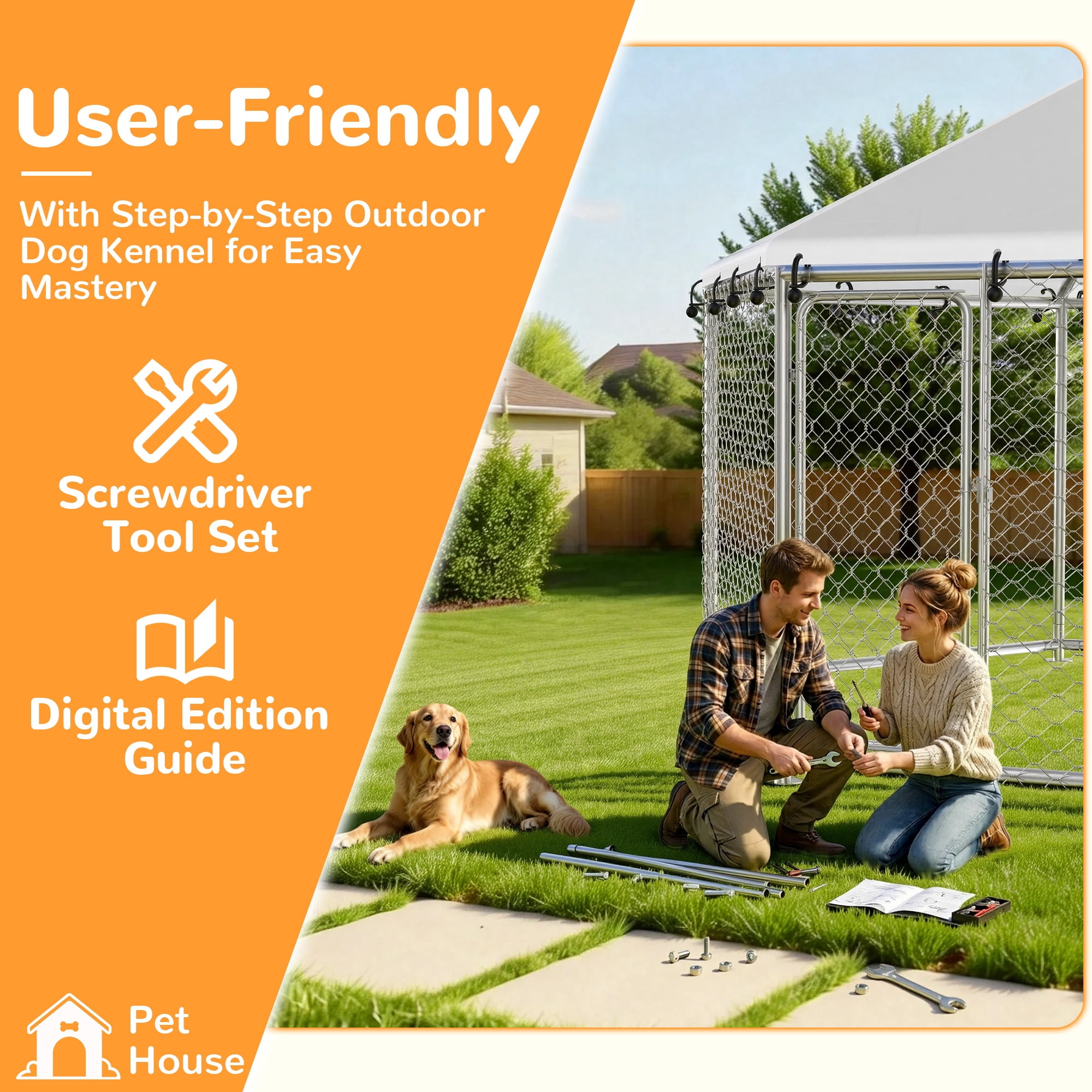 TIME RAY 12.5x12.5 ft Outdoor Dog Kennel,Heavy Duty Outdoor Dog Enclosure with Waterproof Cover and Security Lock, Galvanized Chain Link Hexagonal Dog Cage for Extra Large Dog