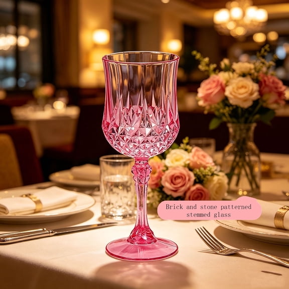Summercome Vintage Glass Goblets, 10 oz Pink Stemware Wine Glasses Crystal Stemmed Drinking Glasses Cups Diamond Pattern Glassware Set for Party Wedding Bar Water Juice Beverage