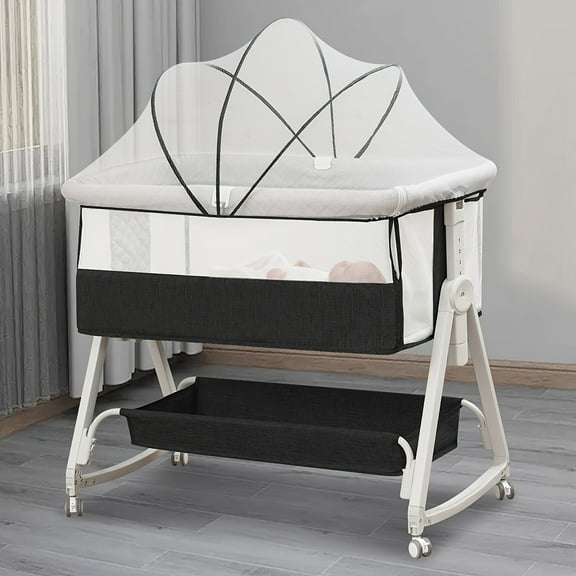 3-in-1 Baby Bed with Mosquito Net, Baby Headboard with Wheels and Storage Basket