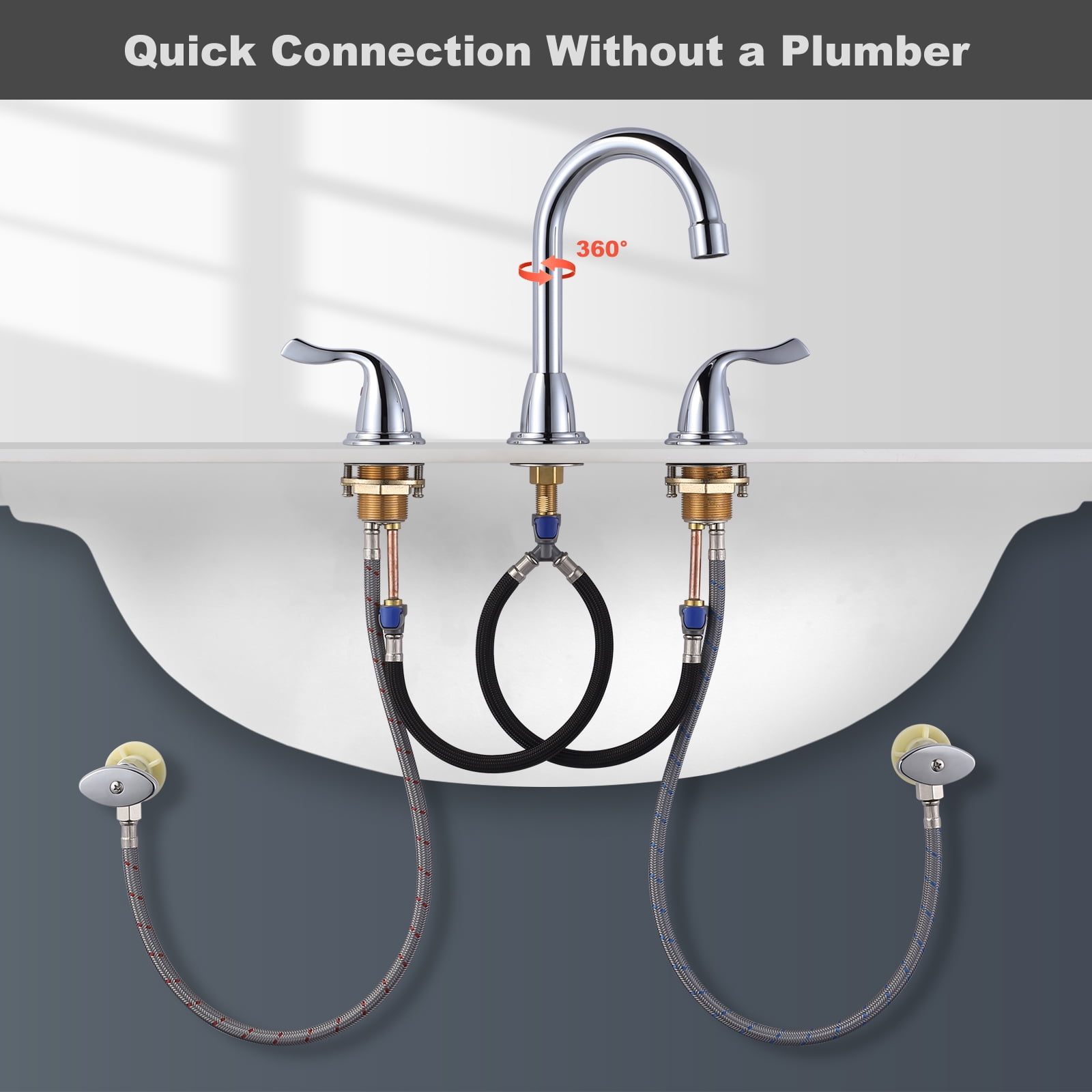 WOWOW 8 Inch Widespread Bathroom Faucet 3 Hole, Chrome Bathroom Faucet, Bathroom Sink Faucet with Pop Up Drain and Supply Lines