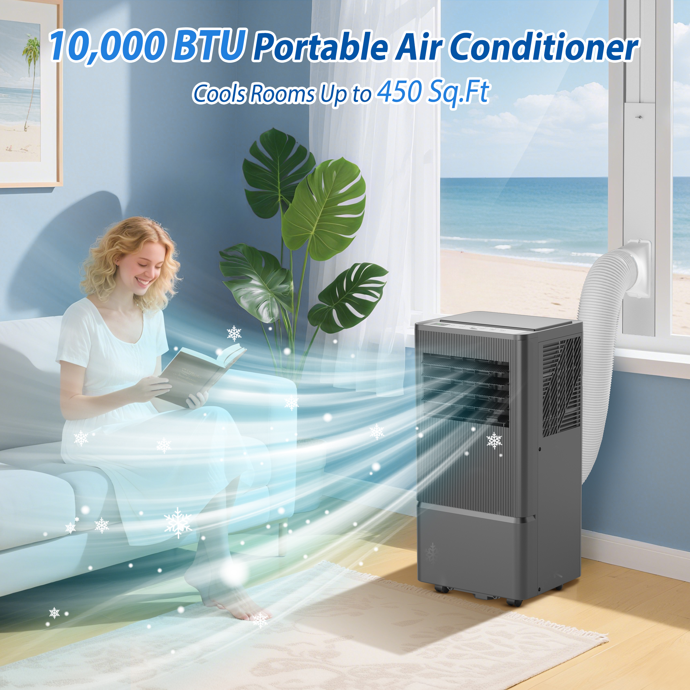 Portable Air Conditioner 10,000 BTU (ASHRAE) for Room Up to 450 Sq.Ft - 3-in-1 AC, Dehumidifier & Fan - Remote, 24H Timer, Window Kit - Home & Office