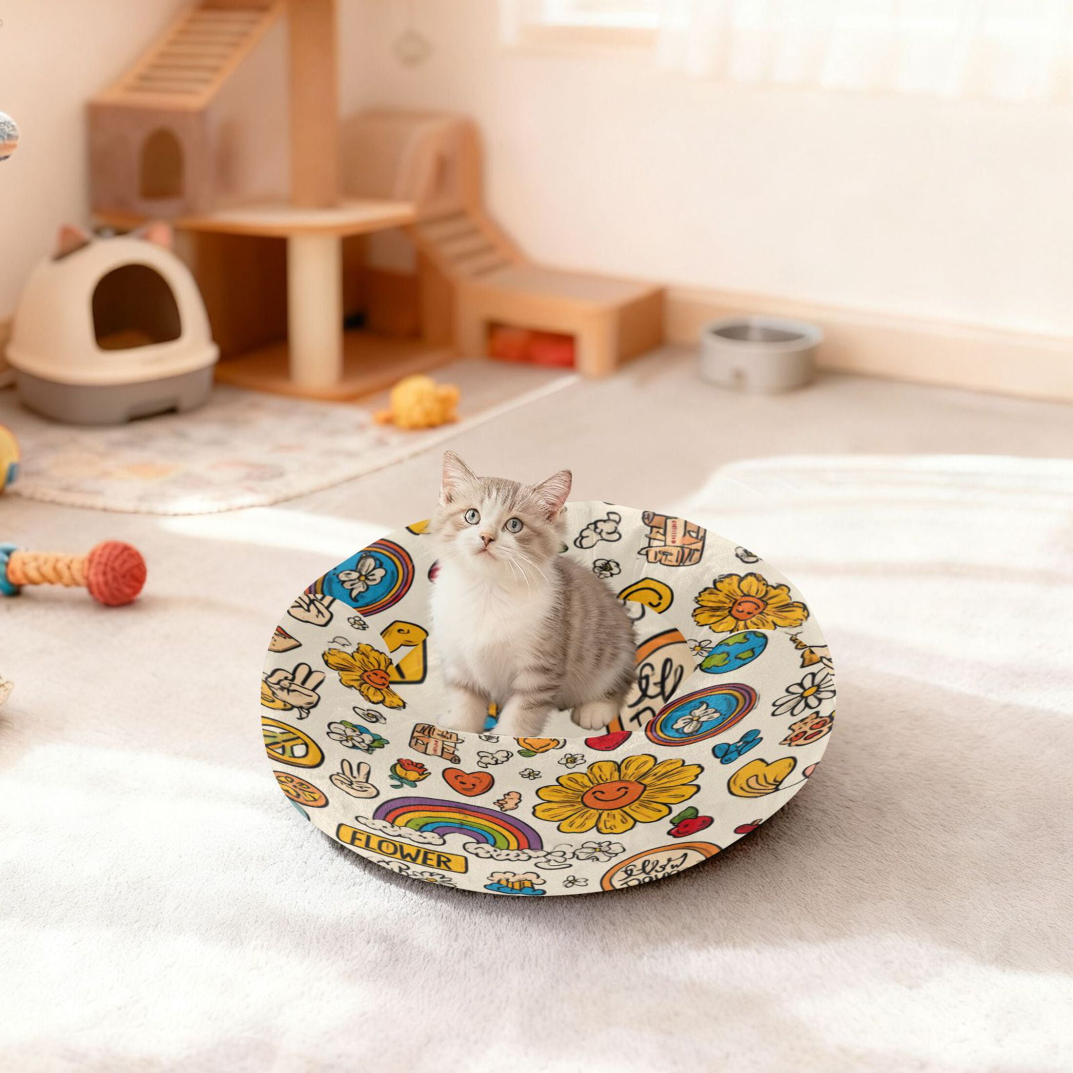 Iauyy Pet Couch Donut Cat Bed for Indoor Cats/Small Dogs Washable & Machine with Non-slip Bottom Calming Cat Furniture, Retro Hippie Logo (XS)