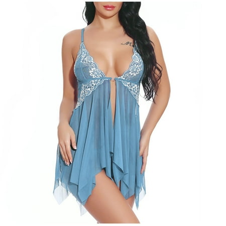 

Pxiakgy lingerie for women Lingerie for Women Front Closure Lace V Neck Mesh Sleepwear Lingerie Blue + XXL