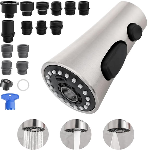 Kitchen Faucet Head Replacement 3 Modes with 15 Adapters, Pull Down Spray Head for Kitchen Faucet, Sprayer Head Replacement, Compatible with Moen,Delta, Kohler Faucets