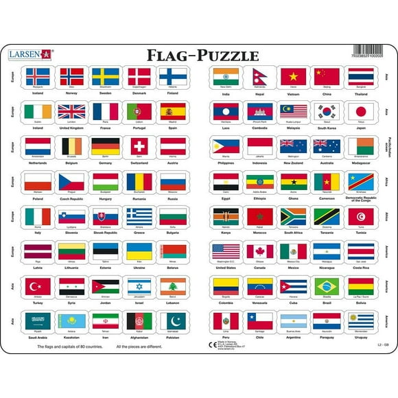 Larsen Puzzles Drapeaux du Monde 80 Pièces Puzzle Éducatif pour Enfants