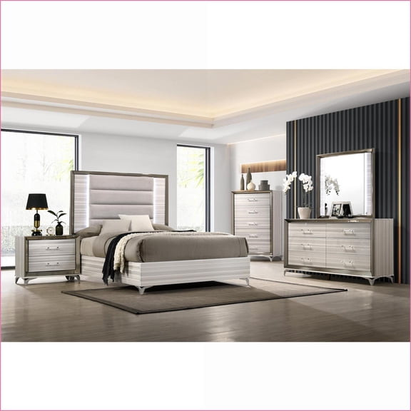 Bedroom Furniture Set, Modern King 5-Piece with Storage & LED | White | Solid Wood MDF