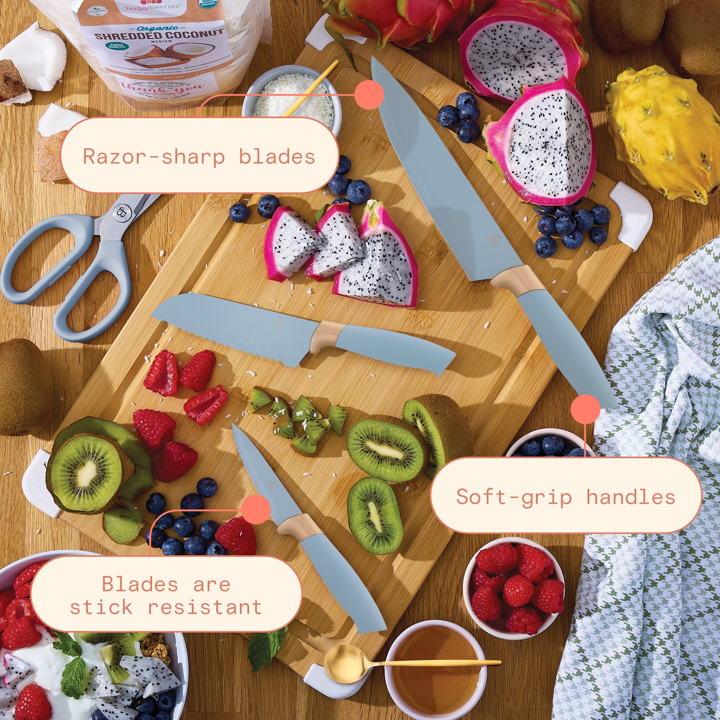 Beautiful 12 Piece Cornflower & Gold Knife Block Set with Soft-Grip Ergonomic Handles by Drew Barrymore