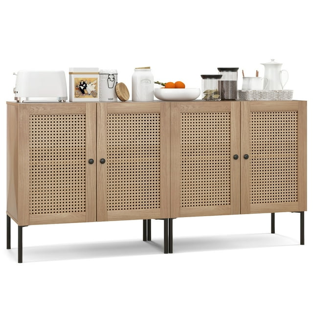 Costway Ensemble de 2 Buffets Bahuts en Rotin Armoire à Vin Placard avec Tablette Réglable Chêne