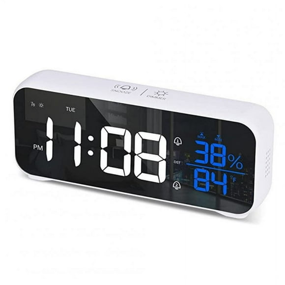 Led Digital Alarm Clock 12 24 Hour Adjustable Volume Brightness Mirror Clocks for Bedroom Home Office White