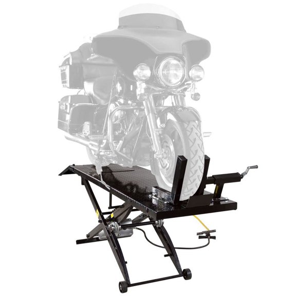 Rage Powersports Black Widow Motorcycle Lift Table Pneumatic Compressed Air 1,000 lb. Capacity Diamond Plate Safety Lock Maintenance Mods