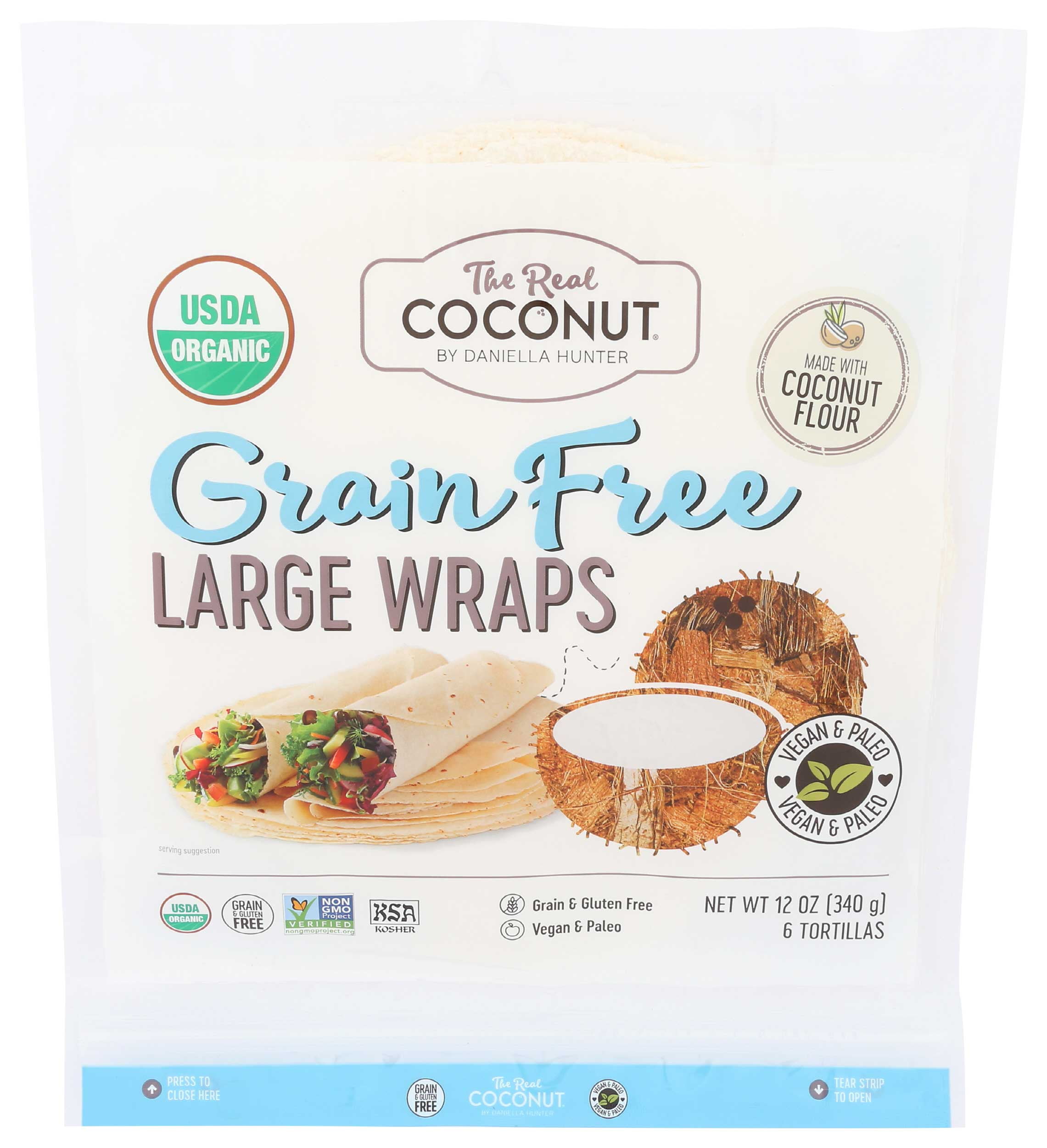 The Real Coconut Organic Grain Free Large 10 inch Tortilla Wraps, 12 Ounce 12 per case