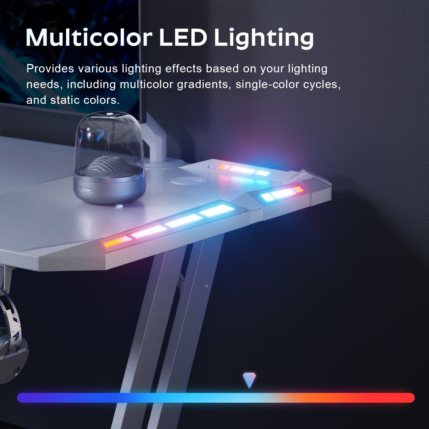 HLDIRECT 47 Inch Gaming Desk with LED Lights Carbon Fibre Surface Gaming Table Large Computer Desk Ergonomic Home Office Desks Z Shaped PC Gamer Workstations with Cup Holder & Headphone Hook White