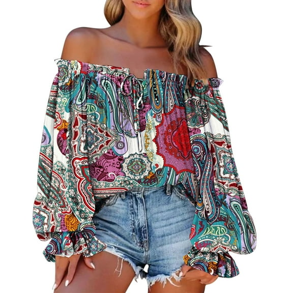 AOMPMSDX Women Summer Off The Shouler Crop Tops Long Bell Sleeve Blouses For Women Sexy Causal Hot Pink XL