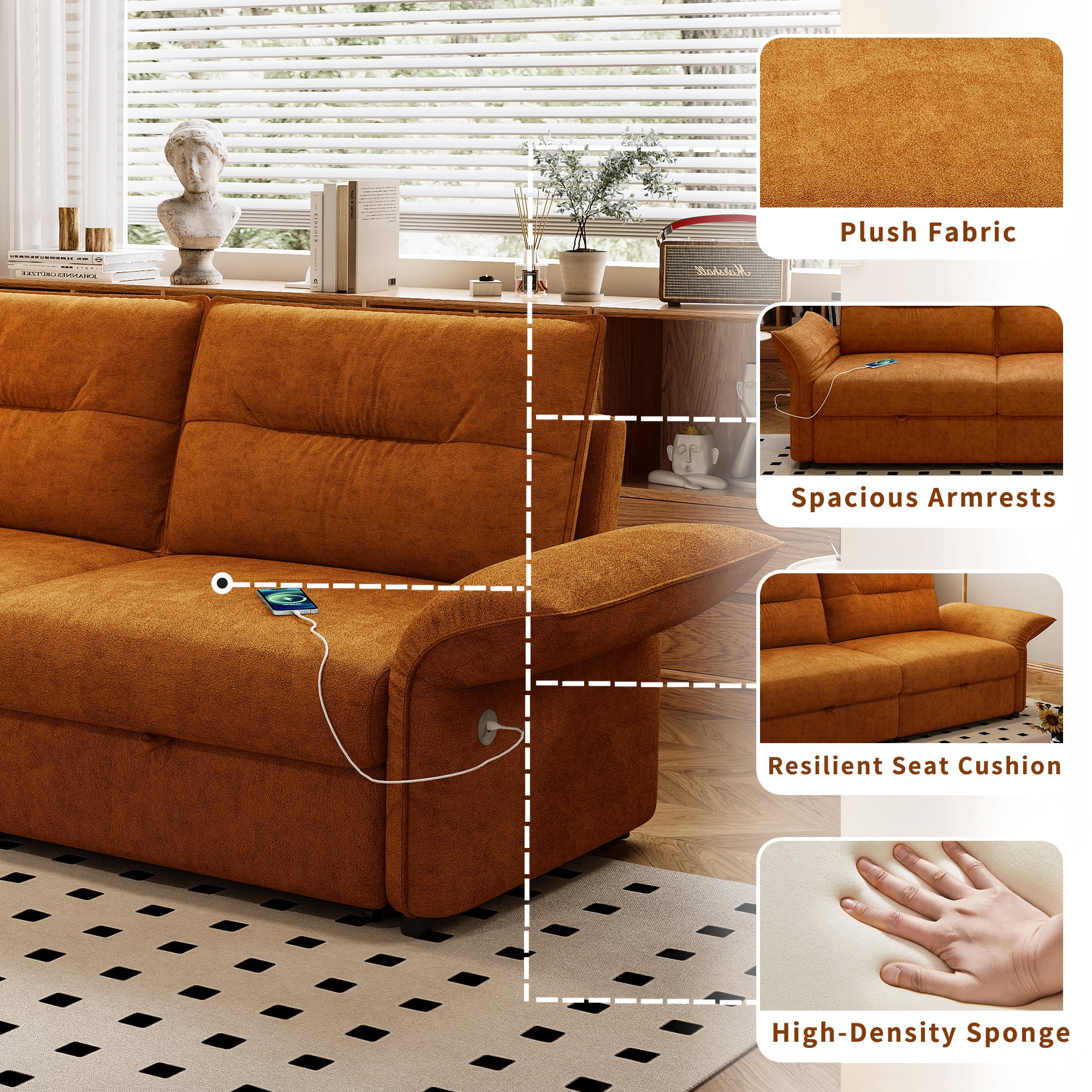 Leumius 85" Convertible Sofa Bed with Wood Frame,2-in-1 Upholstered Sleeper Sofa Bed with Pull Out Bed for Living Room,Apartment,600 lbs Capacity,Orange