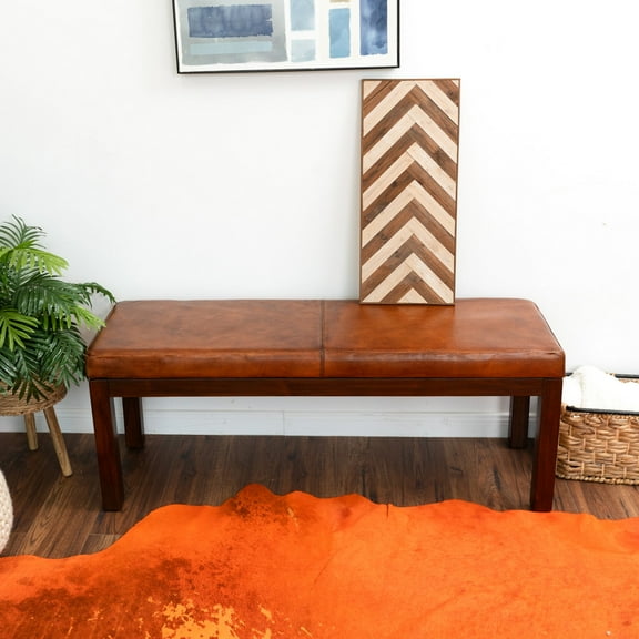 Mid-century Modern Bench Antique Tan Leather, Solid Wood Structure, Rustic Brown Style, Comfortable Cushion, Removable Legs Leather Bench, Build, Color Scheme For A Stylish Ensemble, High Foam Seat,