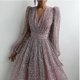 thumbnail image 2 of Vestido de noche con estampado bronceado para mujer, vestido brillante de malla con cuello en V profundo para fiesta y boda, 2 of 4