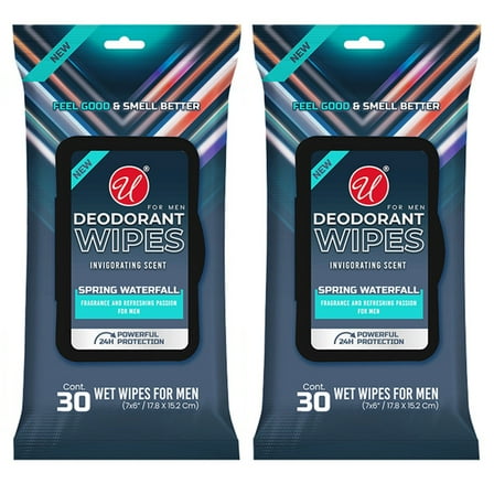 2 Packs Men's Deodorant Wipes Refreshing Moist Hand Cleaning Spring Scent 60 Ct